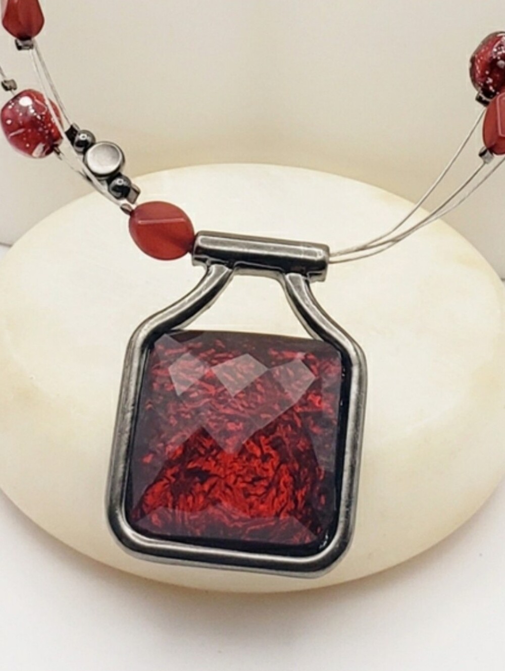 Ruby Red Gem Pendant with Ruby and Gunmetal Floating Beads Necklace